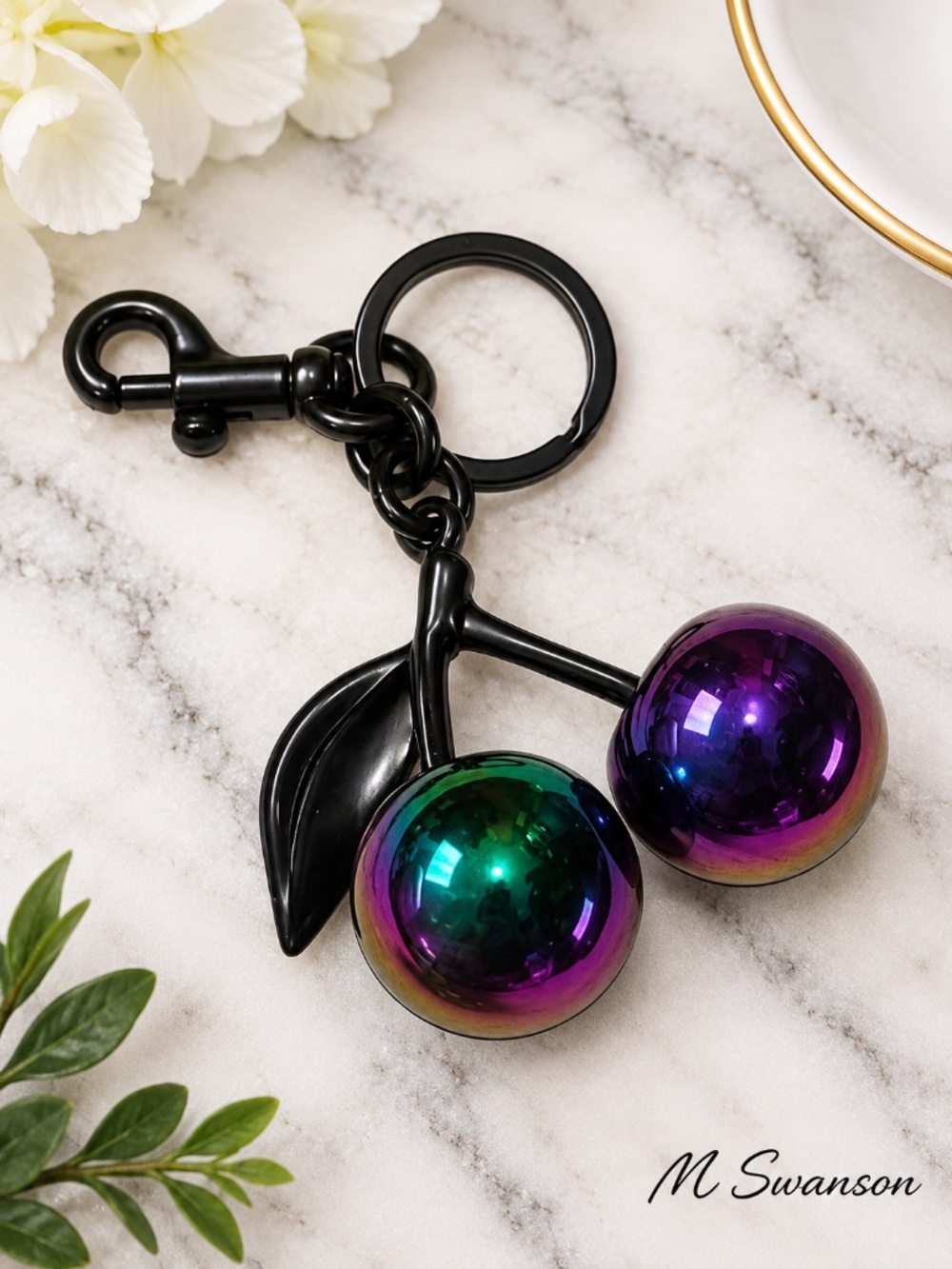 NEW Oil Slick Purple Metallic Cherry Bag Charm Keychain Black Hardware NWT